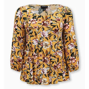 Torrid 3 Yellow Floral Fit And Flare Crinkle‎ Gauze Top Womens Plus